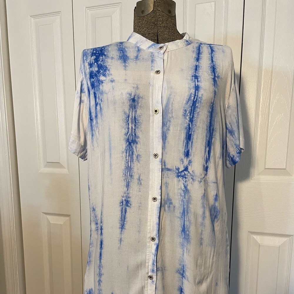 Blue and white tunic blouse.